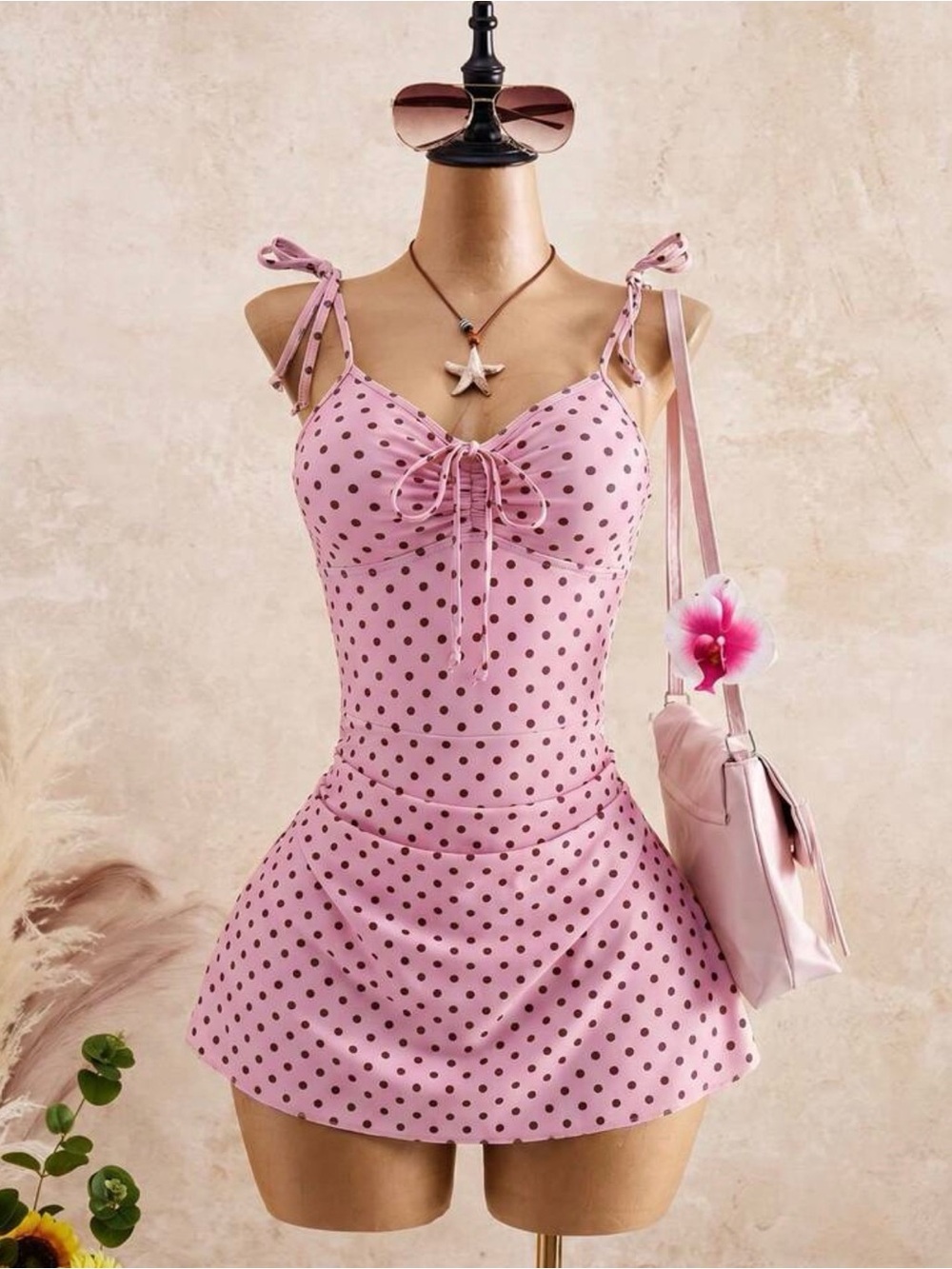 Pink Polka Dot Tie-Front Swimdress